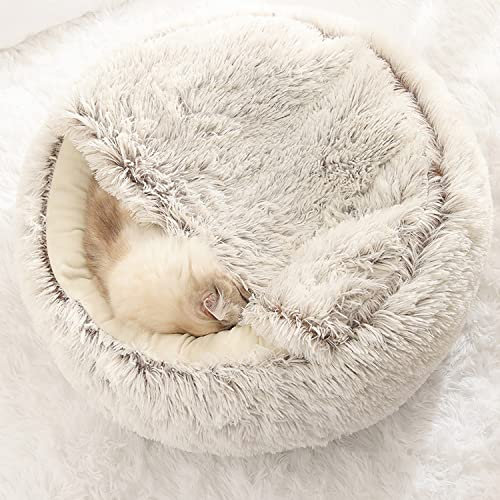 Katzenhöhlenbett, Haustierzelt, Katzenbett mit Kapuze, weicher Plüsch, Donut-Katzenschlafsack, Winter, warm, flauschig, rutschfest, waschbar (50 cm, Samt-Kaffee)
