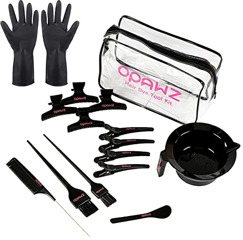 Opawz 16Pcs Hair Dye Coloring Kit, Brush and Mixing Bowl Set, Hair Dye Tools Kit, Include Mixing Bowl, Applicator, Clips, Brushes, Comb, Gloves and Reusable Travel Bag for DIY Salon