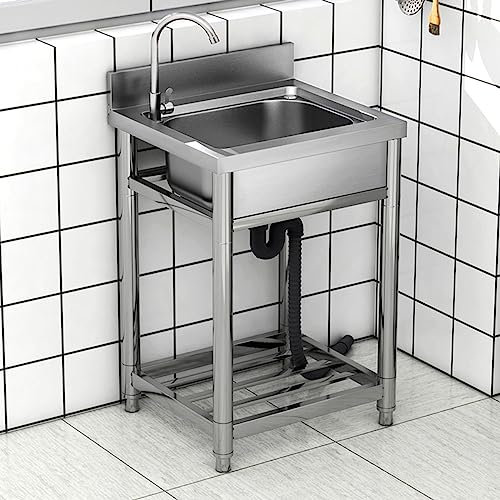 Lavello in Acciaio Inox Autoportante 1 Vasca, 55 × 50 × 80 cm Lavandino Commerciale con Rubinetto, Lavello da Cucina Professionale per Cucina, Ristorante, Bar, caffè, Garage