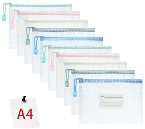Vicloon 10 st A4 plastplånböcker, vit/rosa/gul/blå/grön, dragkedja väskor nät dokumentplånböcker med etikettficka för skola, kontor, läxförvaring
