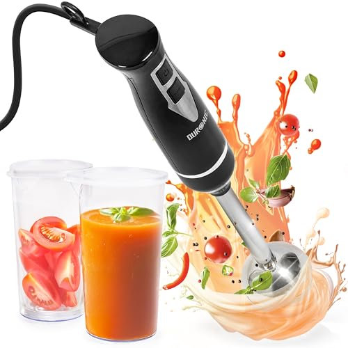 Duronic HB35C Mixeur plongeant à main 350W 2 Réglages de Vitesses 2 lames en acier inoxydable 2 cruches de 600 ml Résiste à la chaleur Idéal pour Soupe Pâtisserie Purée Fruits Légumes