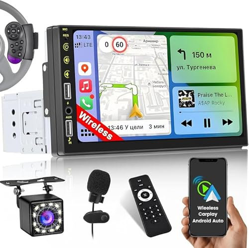 Inefala Autoradio1 Din con Schermo Wireless CarPlay & Android Auto Senza Fili, 7 Pollici Touchscreen Stereo Auto Bluetooth 1 Din con Mirror Link Radio FM USB AUX-in Controllo del Volante