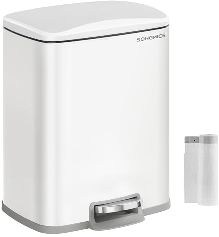 SONGMICS Trash Can, Garbage Can with Lid, 5.2-Gallon (20L) Step Trash Bin for Kitchen, Stainless Steel, Soft Close and Stays Open, Inner Bucket, Includes 15 Trash Bags, White ULTB543W01