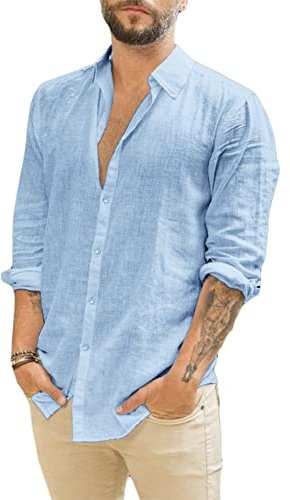 Runcati Camicia da Uomo a Maniche Lunghe in Lino con Colletto rovesciato, Camicia Casual da Lavoro, Camicia Estiva, Blu, XL