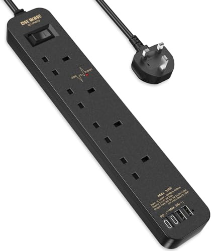 SE UKASE Extension Lead with USB C PD 20W, 4 Way Socket 1200 Surge Protection with 2M /6.56FT Long Extension Cord Multi Plug 2990W Safety Shutter for TV PC Laptops Tablets