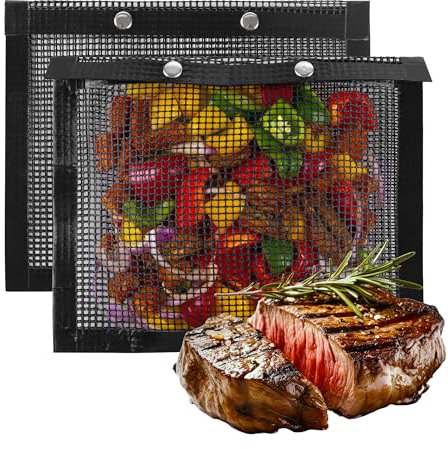 ASAB Pack of 2 BBQ Grill Mesh Bags 30 x 24cm for Outdoor BBQ Cooking Non-stick Bags Reusable Heat-Resistant Easy to Clean Grilling Pouches for Gas Charcoal Electric Grills Smokers Barbecue Accessories