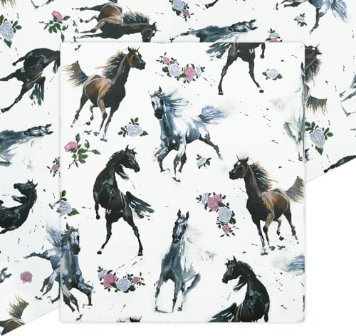 Geschenkpapier für Mädchen und Jungen, galoppierende Pferde und Blumendruck auf weißem Kunstpapier für Pferderennen, Themenparty, Geburtstag, Hochzeit, Geschenkverpackung, gefaltet, flach, Cowboy &
