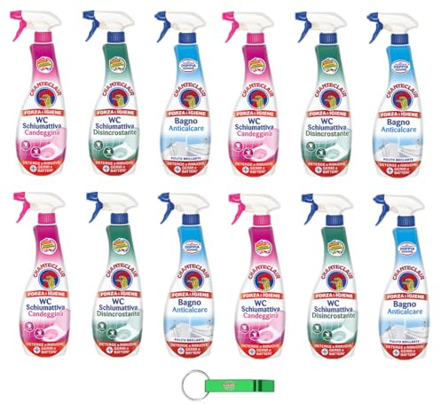 Chanteclair - 12 confezioni di test per WC con schiuma detergente Candeggina + disincrostante + Bagno – Detergente per WC con detergente spray candeggina da 625 ml + portachiavi Beni Culinari gratuito