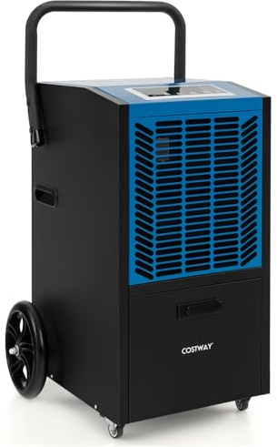 GYMAX Deumidificatore Commerciale da 66L per Casa 418m², Deumidificatore Industriale con Timer 24H, Pompa, Tubo, Portatile con 4 Ruote per Cantina, Magazzino (Blu)