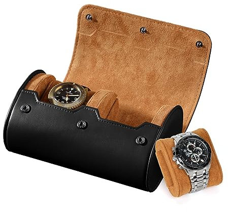 BAIGIO Tragbar Uhrenbox Uhrenrolle mit Uhrenkissen, Travel Watch Box Case, PU-Leder Uhrenaufbewahrung Reise Uhrenkasten Uhrenetui 2 Fächer Uhren Aufbewahrungsbox Uhrenkoffer für Damen Herren, Schwarz