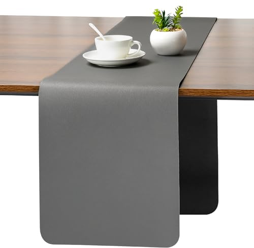 Myir JUN Tischläufer Outdoor Tischläufer Modern doppelseitig Kunstleder | Abwaschbar wasserdicht rutschfest für Geburtstag Urlaub Party und zur Dekoration verwendbar 30 X 140 cm(Grau Schwarz)