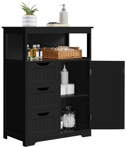 Yaheetech Bathroom Storage Cabinet Bathroom Floor Cabinet Freestanding Organizer and Storage with Door, 3 Drawers, Adjustable Shelf, 35.5 Inches Height, Black Cabinet
