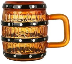 VIXDA Bierkrug, 470 ml, großes Fassungsvermögen, Glasbecher in Fassform mit Henkel und Deckel wie Bierbecher, 1 Stück