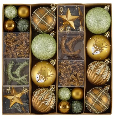 Valery Madelyn Weihnachtskugeln 60 Stücke Christbaumkugeln Geschenkpaket Weihnachtsbaumschmuck Kunststoff Bronze Grün Weihnachtsdeko mit Aufhänger Waldland Thema(M)