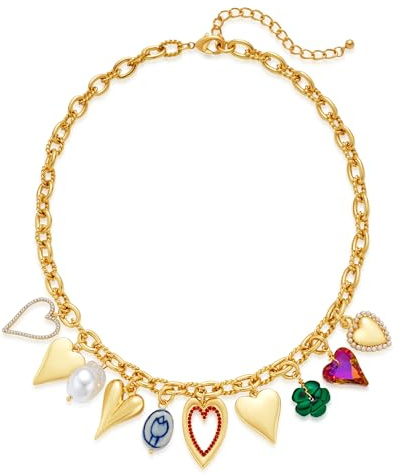 ENSKEFEN Klobige Goldene Herz Halsketten für Damen Bunte Halskette mit Mehreren Anhängern Herzanhänger Boho Vintage Statement Goldkette Modeschmuck