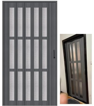 Graue Falttür für den Innenbereich mit Fenster und Griff aus mattiertem Acryl, PVC-Schiebetüren im Akkordeon-Stil, Trenntür für Küche und Wohnzimmer (76 x 100 cm)