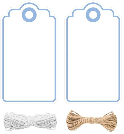 jijAcraft Weiß Geschenkanhänger mit Babyblau Kante: 5 x 9cm Papier Anhänger zum Beschriften 100 Stück Kraftpapier Etiketten Tags mit Loch und Schnur für Hochzeit, Kommunion, Weihnachten