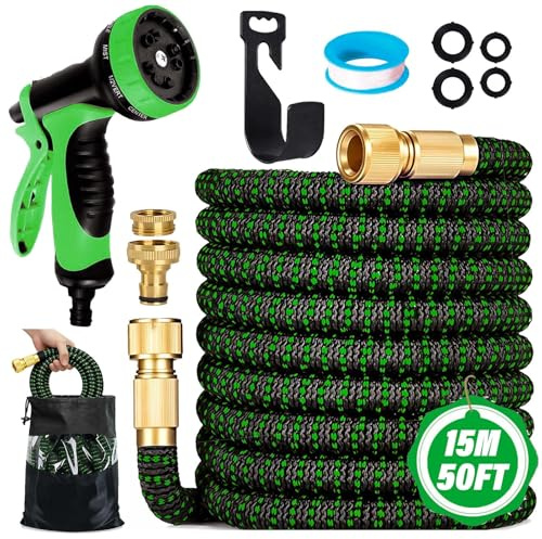 Funnity Flexibler Gartenschlauch 15m, Dehnbarer Wasserschlauch orange | 3-fach dehnbar, knickfrei & leicht, 3750D-Gewebe mit 4-Lagen-Latex, 10 Sprühmodi für Garten & Autopflege