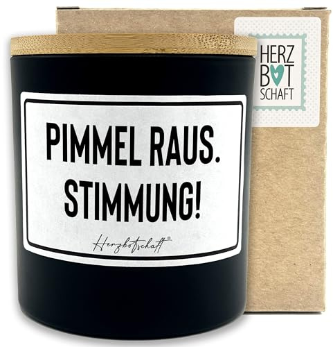 HERZBOTSCHAFT Duftkerze mit Spruch – Pimmel raus. Stimmung! – originelles Geschenk, handgemachte Sojakerze im Glas, nachhaltig, optional mit personalisiertem Bambusdeckel