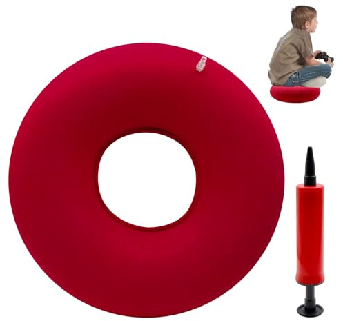Griwuut Uppblåsbar munkkudde 40 cm med handpump, mjuk sittdyna för tryckavlastning medan du sitter eller ligger, luftkudde för resor, bil, hem eller nacke (röd)
