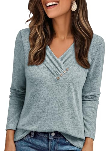Cuptacc Jumpers for Women UK V Neck Button Loose Elegant Long Sleeve Tops | V Neck,Long Sleeve,Decorative Buttons,Elegant,Oversized,Pleated,Warm,Versatile Matching,Soft,Skin-Friendly,Autumn,Winter