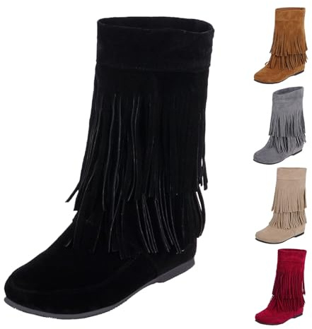 Bottes de cowboy plates en daim à bout rond à franges mi-mollet pour femme, bottes de cowboy tendance, rétro, élégantes, vintage, équitation, motard occidental, chaussures d'automne et d'hiver