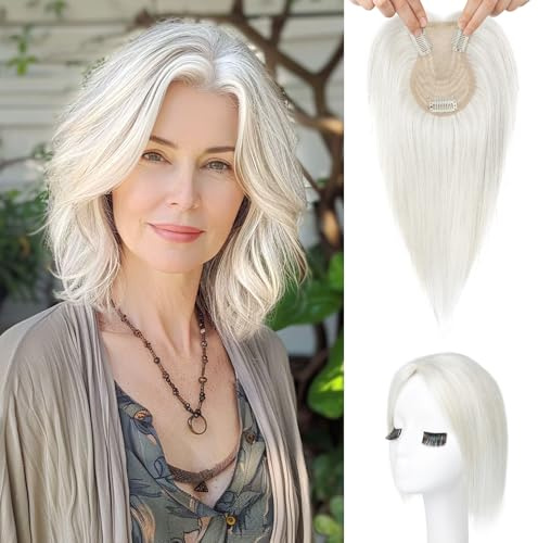 Flufymooz Echthaar-Topper für Frauen, 26 cm Real Human Hair Toppers for Women 100% Echthaar-Topper für dünner werdendes Haarteil 360° 3D Clip-in Pony-Haarteil mit natürlichem Look-Silberglaum