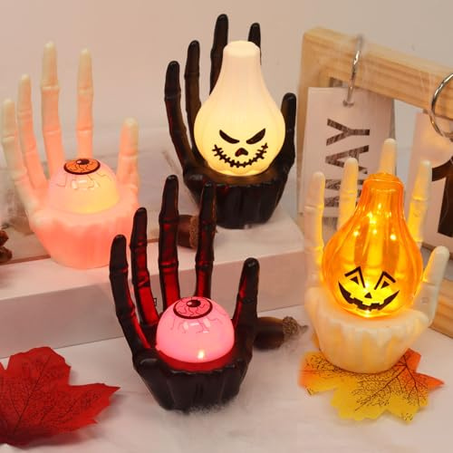 Halloween Deko Lichter, 4 Stück Gruselige Geister Kürbis Lichter, Leuchtende LED-Skeletthand mit Augapfel Kürbis, Geeignet als Geschenk, Zur Deko Halloween, Karneval, Innen und außen, Tische, Partys