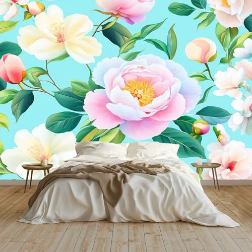 Carta da parati fotografica Acquerello Piante Fiori Di Peonia 200 x 140 cm Vello Sfondo Murale Decorazione Azzurro Chiaro, Fotomurali moderni in tessuto non tessuto per soggiorno e camera da letto
