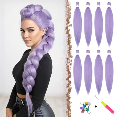 FESHFEN Pré-étiré Tressage Extension de Cheveux, 8 PCS Meches pour Tresses Africaine Léger Violet casséYaki Synthétiques Crochet Tressage Pre Stretched Braiding Hair Extension pour Femme, 55 cm