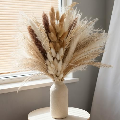 crafity 62 Stück Getrocknete Pampasgrasdekoration 44cm Weiss Trockenblumen Deko Getrockneten Blumenstrauß für Hochzeits Wohnzimmer Tischdeko Haushalt