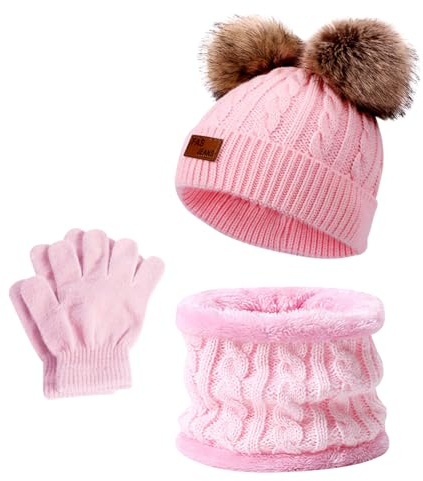 YRPACFB Cappello a Maglia Bambini Invernale Sciarpa Guanti, 3 in 1 Inverno Berretto con Pompom Scaldacollo Guanti Set, per Ragazzi e Ragazze di età 2-10 Anni