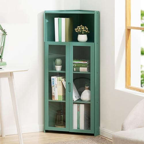 Eckschrank, 4 Etagen, Aufbewahrungseinheit mit Türen und Regalen, unabhängige Eckvitrine für Wohnzimmer, Schlafzimmer, Küche, stilvolles grünes Design