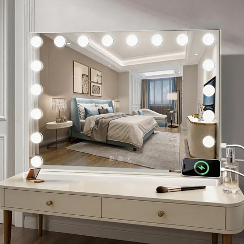 LISA Specchio Trucco con Luci 80x60cm,Specchio Hollywood da Tavolo con 18 Lampadine LED,3 Colori di Luce,Intensità Regolabile,con USB/Type-C,Ingranditore 10X,Controllo Tattile,per Tavolo o Parete