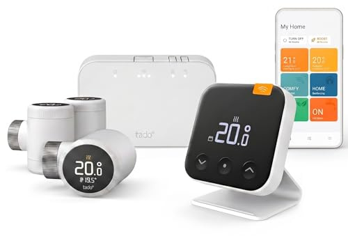 tado° Wireless Smart Thermostat X – Starter Kit incl. Bridge X, Stand, Thermostat X Trio Pack, Boiler and Hot Water Control