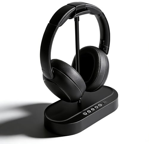 Sxhlseller Cuffie TV Wireless, con Base di Ricarica del Trasmettitore per Anziani e Genitori, Connessione Ottica AUX Bluetooth 5.4, Tempo di Riproduzione di 40 Ore con Ritardo di 40 Ms