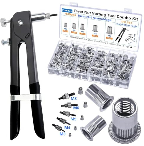 FreeTec Juego de 436 alicates de remache para tuercas ciegas con rosca M3, M4, M5, M6, M8, tuercas de remache, alicates, herramienta con mandriles para reparación de tubos de metal (negro)