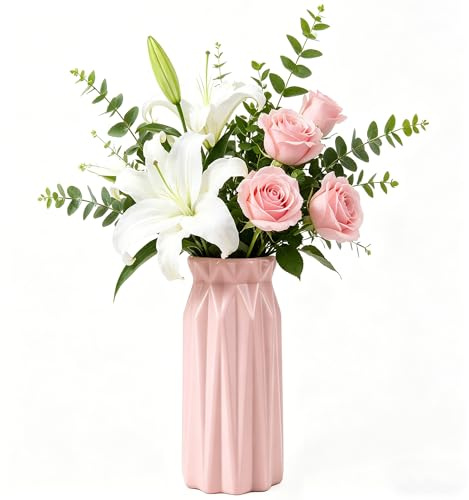 DDUP Unbreakable Plastic Flower Vases, Nordic Geometric Origami Decorative Vases with Ceramic Texture, Modern Desktop Vases for Dried & Fresh Flowers, Home Kitchen Office Wedding Decor (Pink)