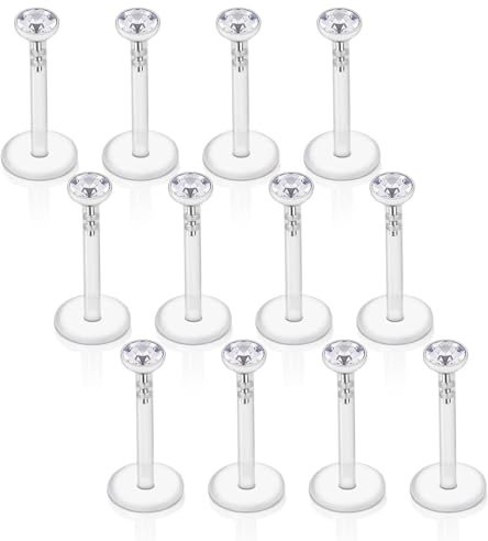 Gojewen 12er Plastik Lippenpiercing 1,2mm Flexibeler Kunststoff Labret Stecker 6-10mm mit Kristall Bioflex Piercing Lippe