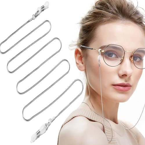 MINGZE Brillen Kette Brillenbänder, Edelstahl Brillen Halter Kette Halskordel, Brillenschnüre Bügel Universal Stecker passt für die meisten Brillen Damen oder Herren, Silber, 80cm