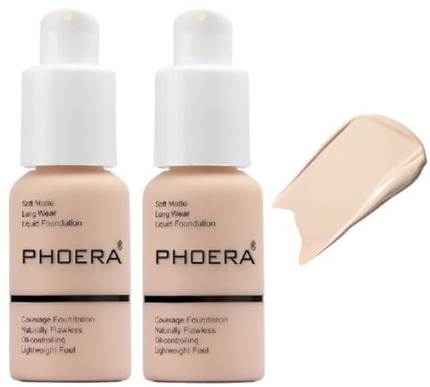 2 Pack PHOERA Foundation 101 Porcelain Makeup,Full Coverage Foundation for Women and Girls(101 Porcelain)