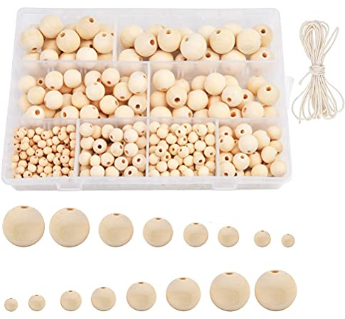 FOROREH 485Pcs holzkugeln mit loch, Runde Holzperlen Set, 8 Größen Naturperlen mit Loch, Holzkugeln Bastelperlen für handgefertigte Schmuck Armband Halskette (6, 8, 10, 12, 14, 16, 18, 20 mm)