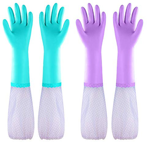 Eygood Guanti da tavola senza lattice, guanti da pulizia a maniche lunghe con fodera in cotone, guanti da cucina (1 confezione da 2 paia blu + viola) (grande)