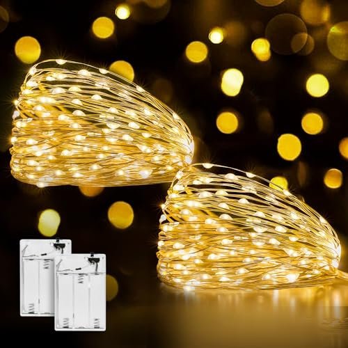 Ollny 2 stück 5M LED Lichterkette Batterie, 50er LED Lichterkette innen Kupferdraht IP44 wasserdicht, Weihnachtsbeleuchtung für DIY Weihnachten Garten Party Hochzeit Deko (warmweiß)