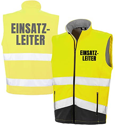 Fassbender-Druck WARNWESTEN - EINSATZLEITER Sicherheitsweste GELB aus Softshell - Gelb Warnweste nach EN ISO 20471 zertifiziert - Unisex und hochwertigem Reflektorstreifen (Gr. 4XL)