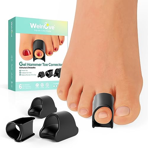 Welnove Hammertoe Corrector - 6 Pack Toe Splints - Soft Gel Toe Straighteners - Realign Bent, Curled, Crooked, Claw, Hammer Toes - Toe Corrector for Men and Women, 3 Different Sizes (Black)
