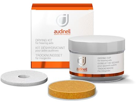 Audinell Trockendose für Hörgeräte – mit 1 Stk Trocknungskapsel Groß 63mm mit Farbanzeige – Für etwa 3 Monate - Zubehör zum trocknen der Hörgeräte – Trockenbecher für Otoplastiken und Hörhilfen