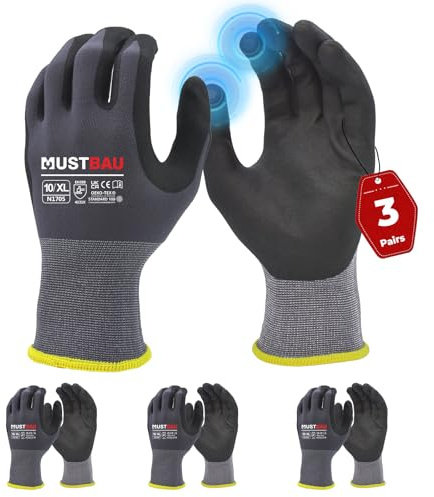Mustbau 3 Paires Gants de Travail à Écran Tactile, Gants Nitrile Résistants à l'Abrasion, Excellente Préhension Convient pour Jardinage, Mécanique, Chantier (Gris,XL)