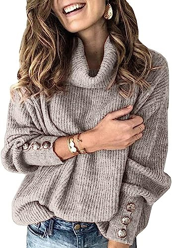 Wenrine Damen Rollkragen Pullover Oversized Winter Strickpullover | Langarm,Casual,Warm Pulli,Lose,Gestrickt,Sweater,mit Metallknöpfen
