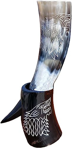 Nautical Replica Hub Taza vikinga de cerveza con grabado de lobo, cuerno auténtico, con soporte y soporte de cuero, artículo de regalo